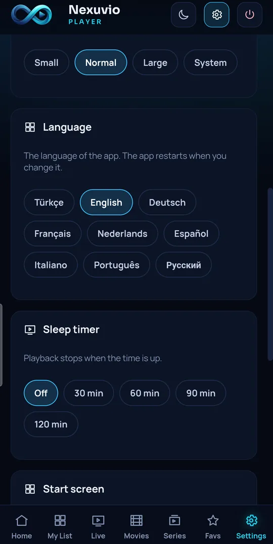 Settings screen