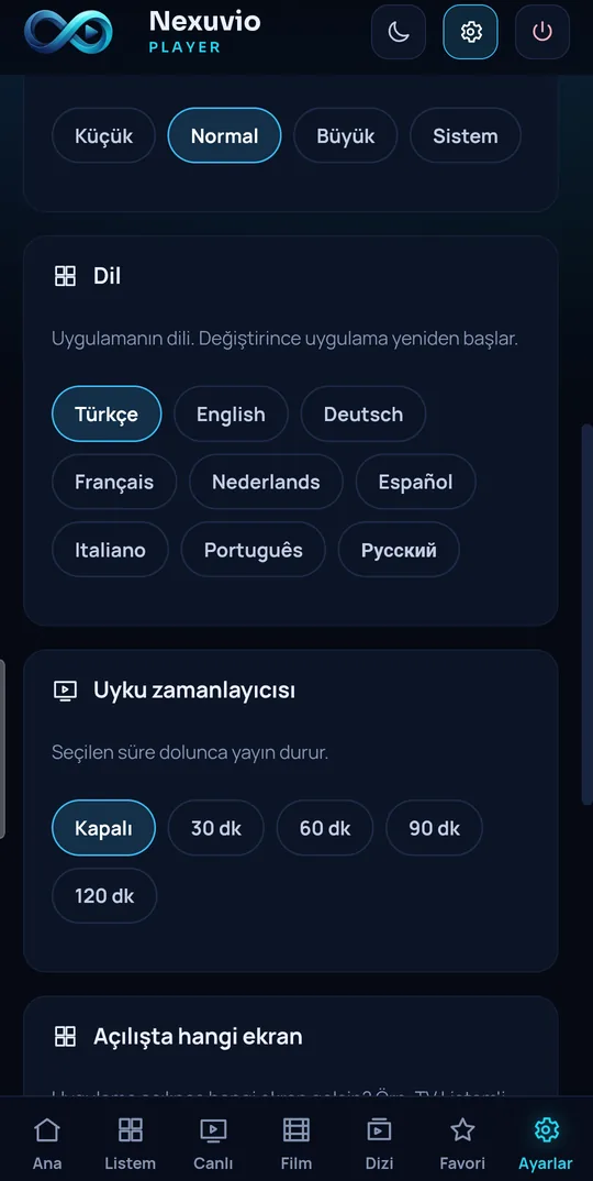 Ayarlar ekranı